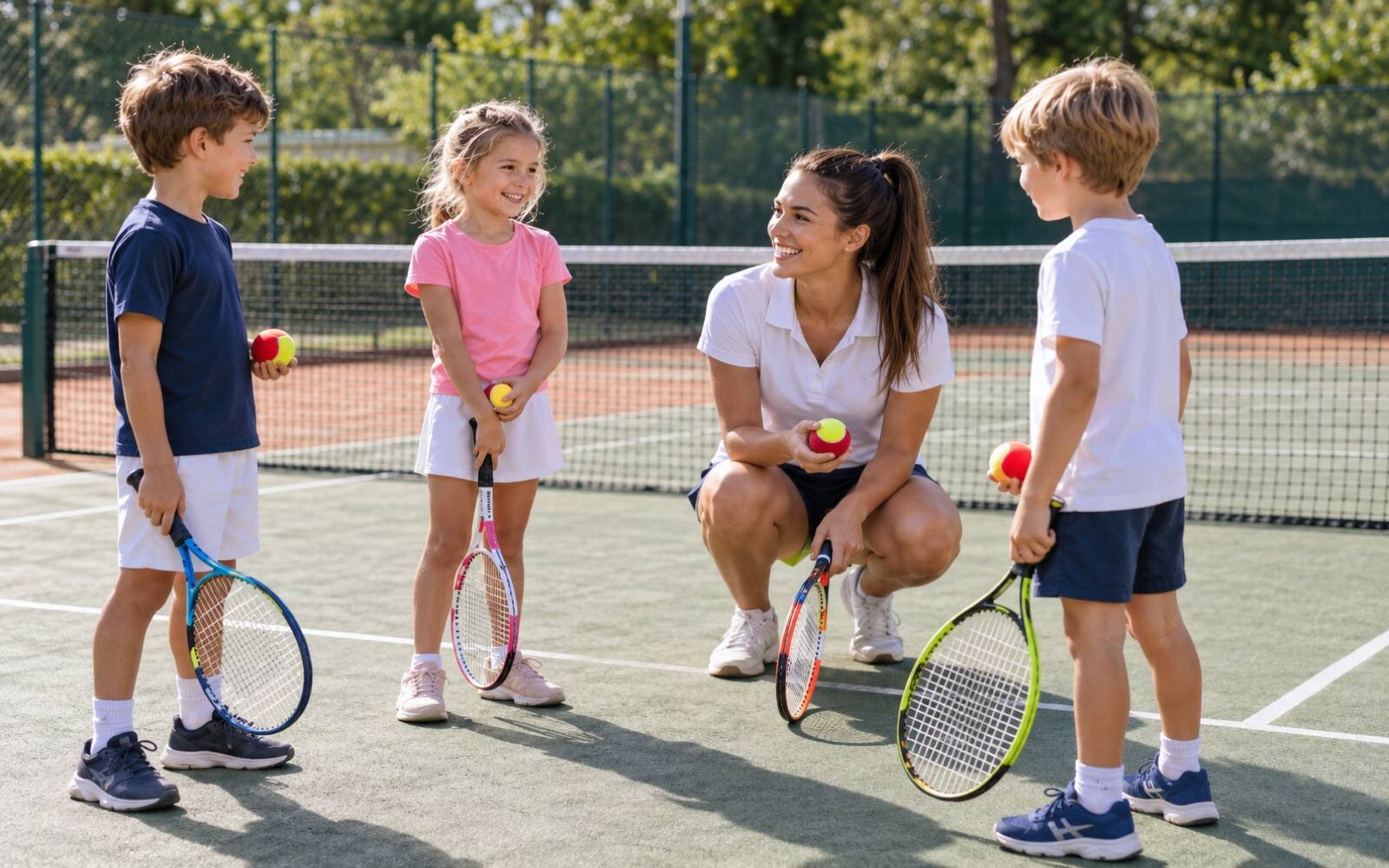 Kinder beim Kindertennis mit bunten Bällen